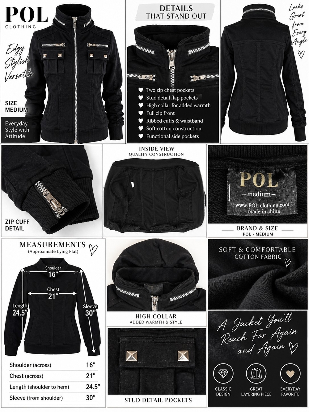 POL Black Zip-Front Cotton Jacket with Stud-Detail Pockets